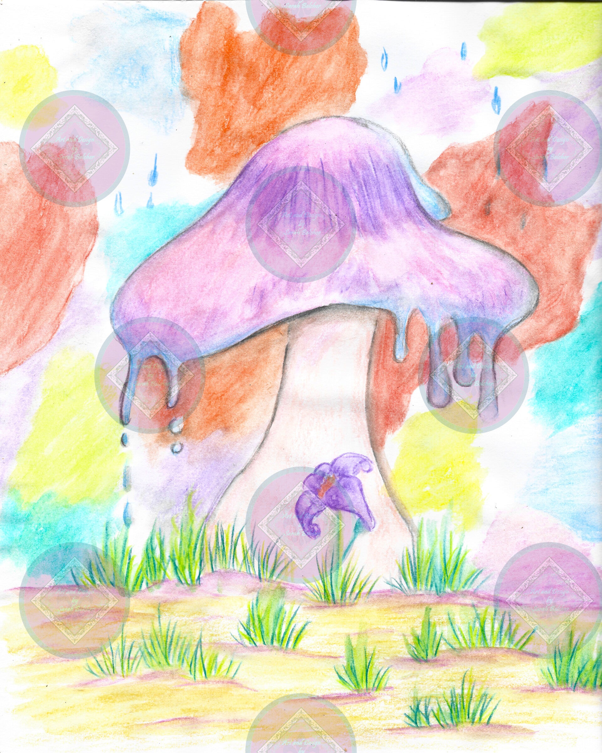 "Pop of color in rain" A-- (print of watercolor painting, without finished edge, purple, red, yellow., teal, mushroom)