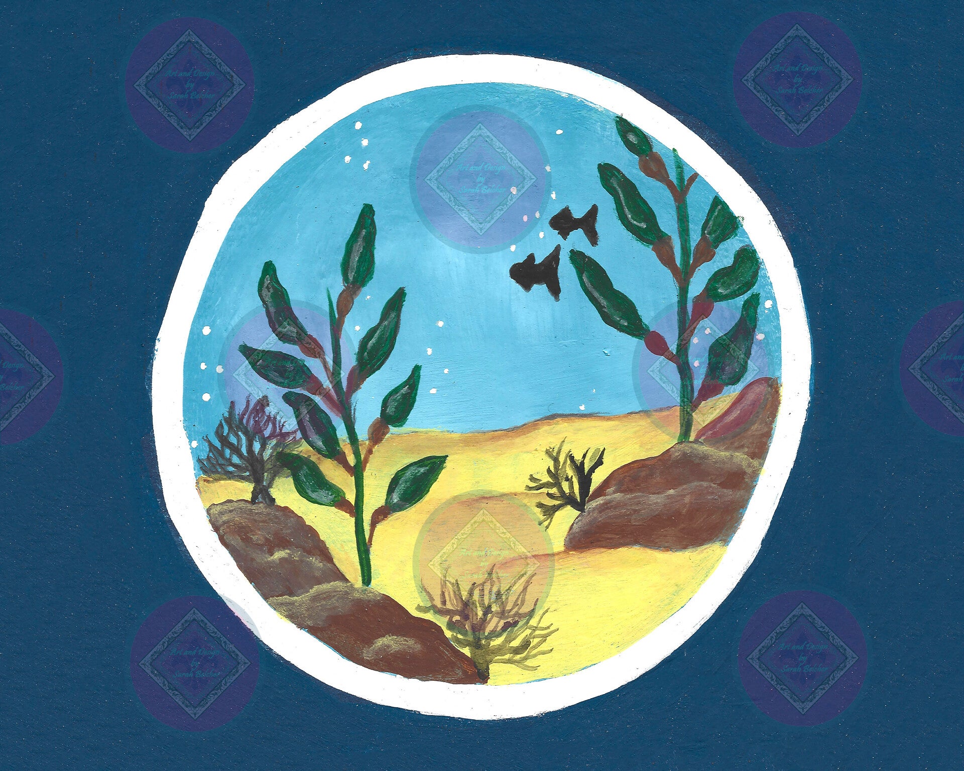 "Windo to sea" (Print of artwork, green, blue, brow, water)