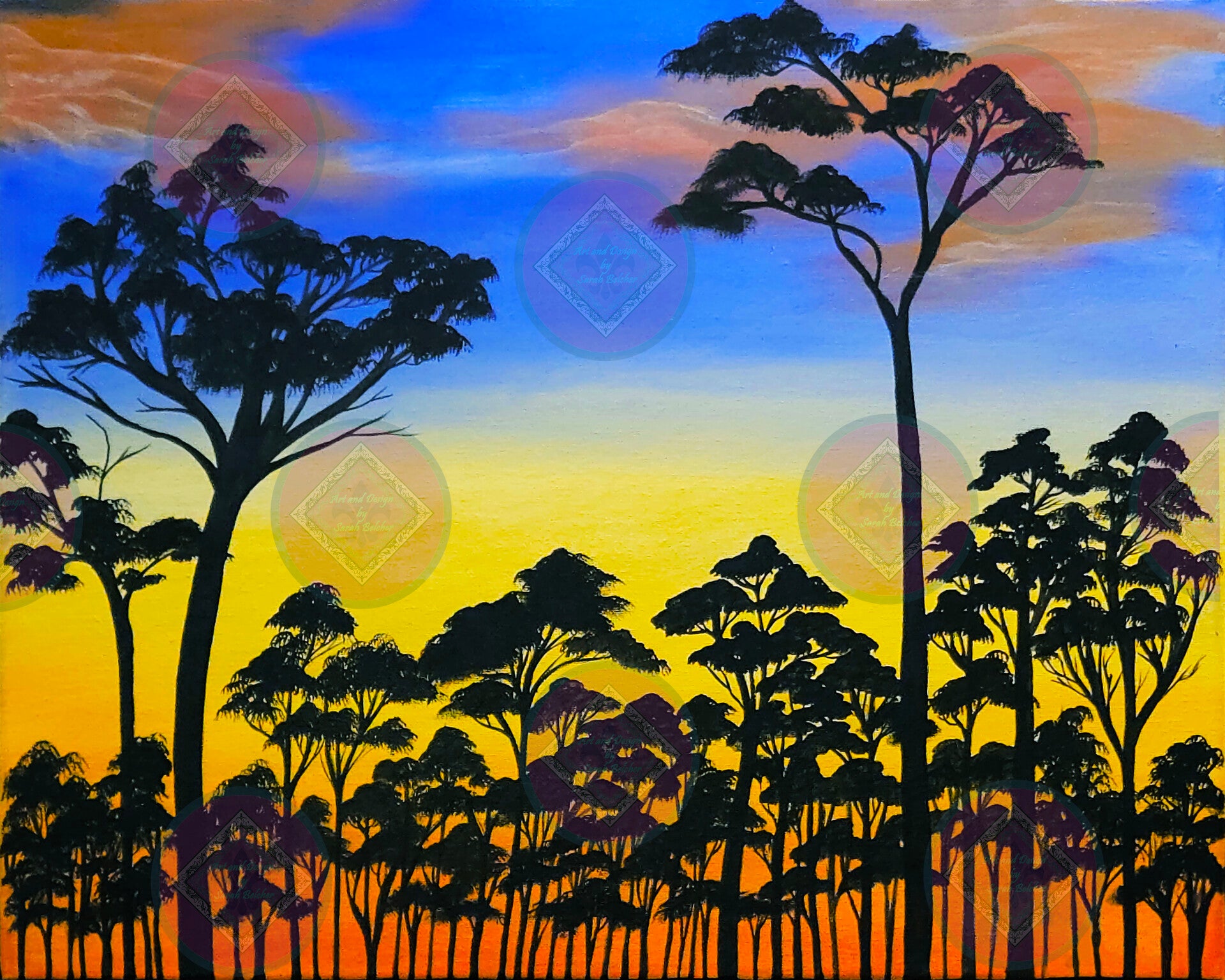 Sunset on Top of The Trees (Blue, Yellow, Orange, Black, Sunset, Trees)
