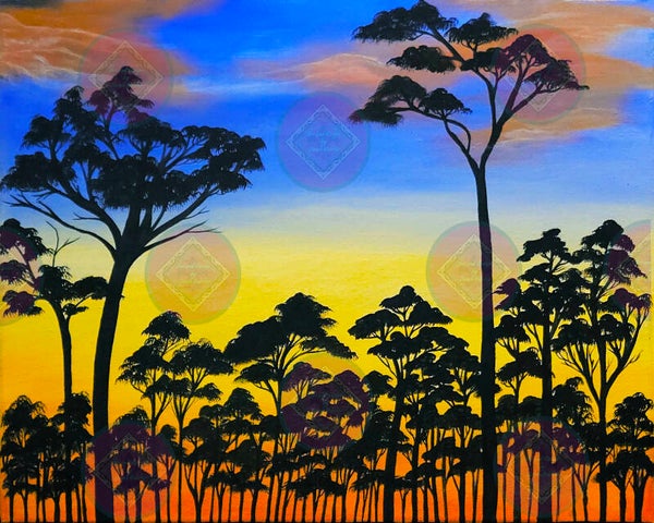 Sunset on Top of The Trees (Blue, Yellow, Orange, Black, Sunset, Trees)