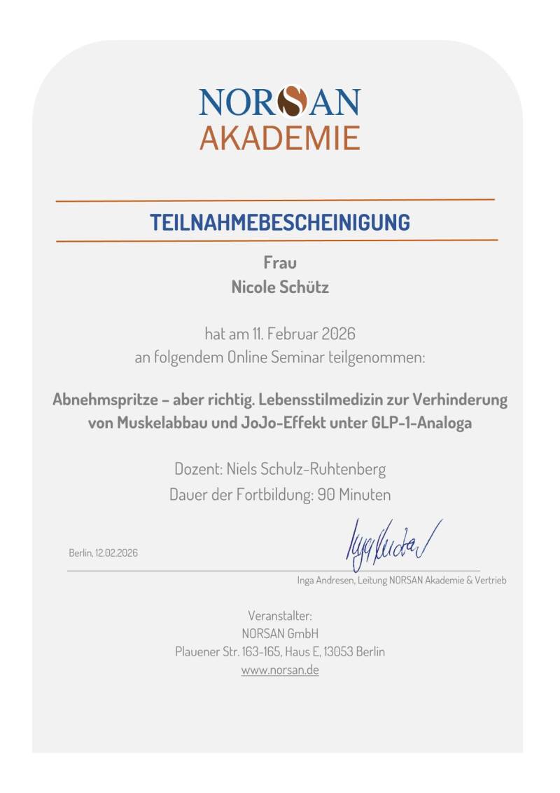 Teilnahmebescheinigung für Weiterbildung zum Thema Abnehmspritze GLP-1 