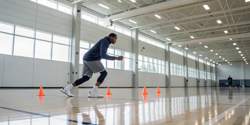 Basketball player training with cones for professional basketball tryouts.