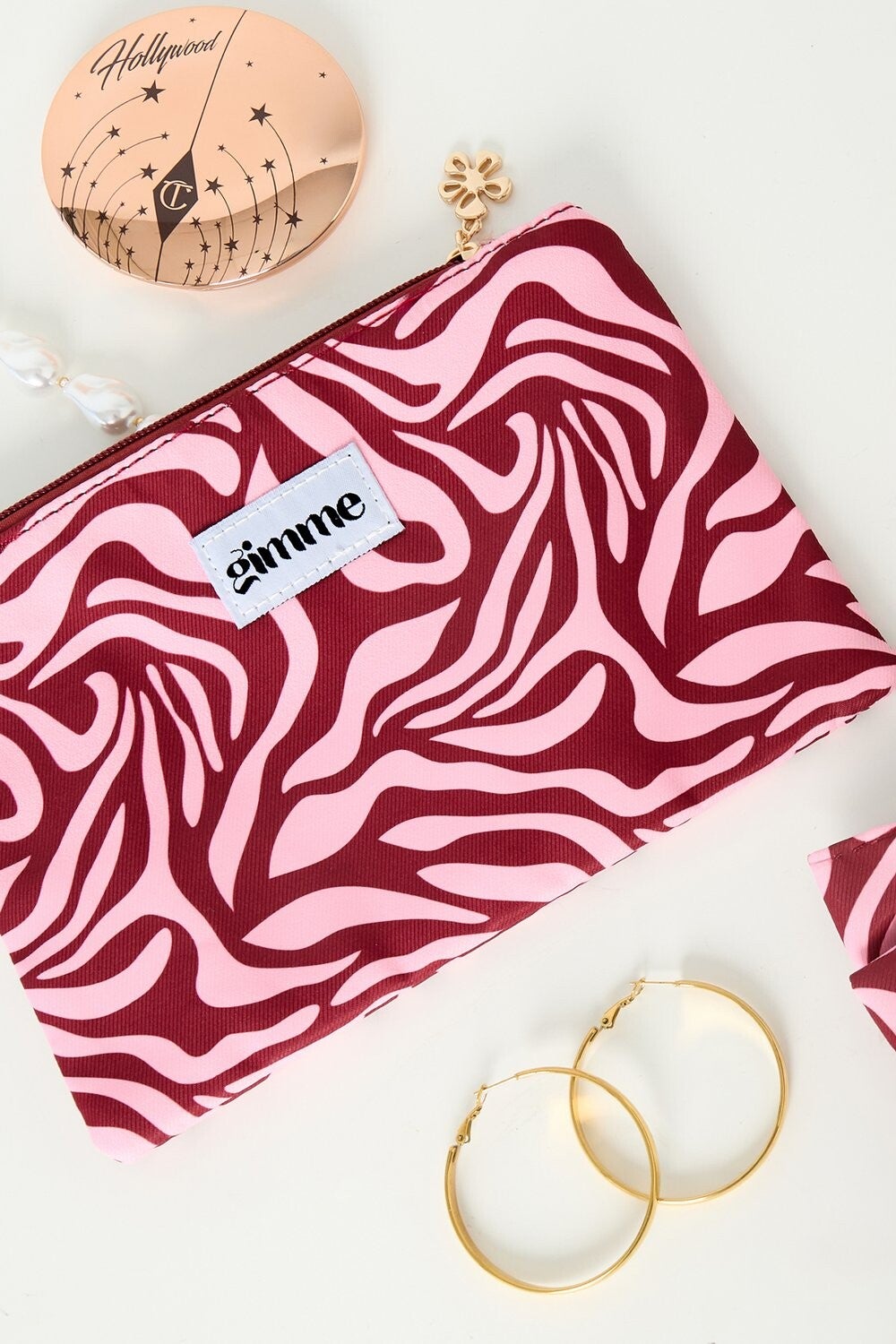 Bordeauxrode en roze gemengde platte toilettas