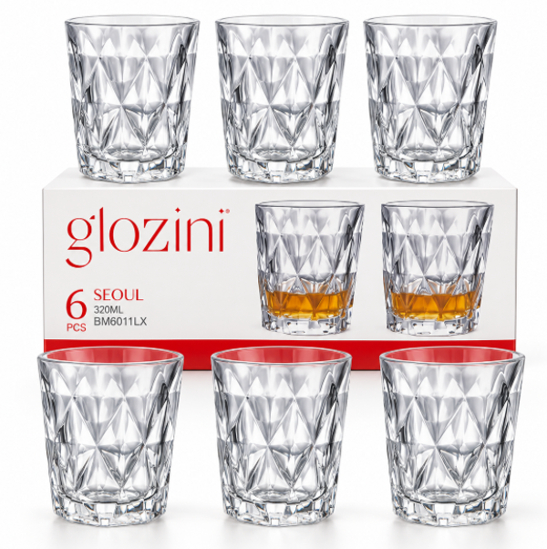 Glozini Seoul – set van 6 drinkglazen met diamantpatroon 320 ml