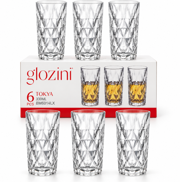 Glozini Tokya – set van 6 drinkglazen met diamantpatroon 330 ml