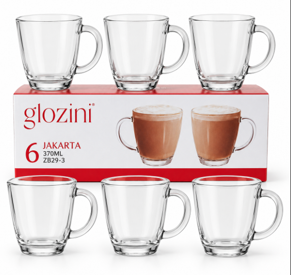 Glozini Jakarta – set van 6 glazen mokken van 370 ml