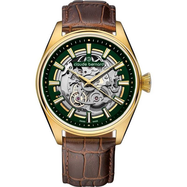 Claude Bernard Relógio Automático Skeleton de Luxo Dourado/Verde