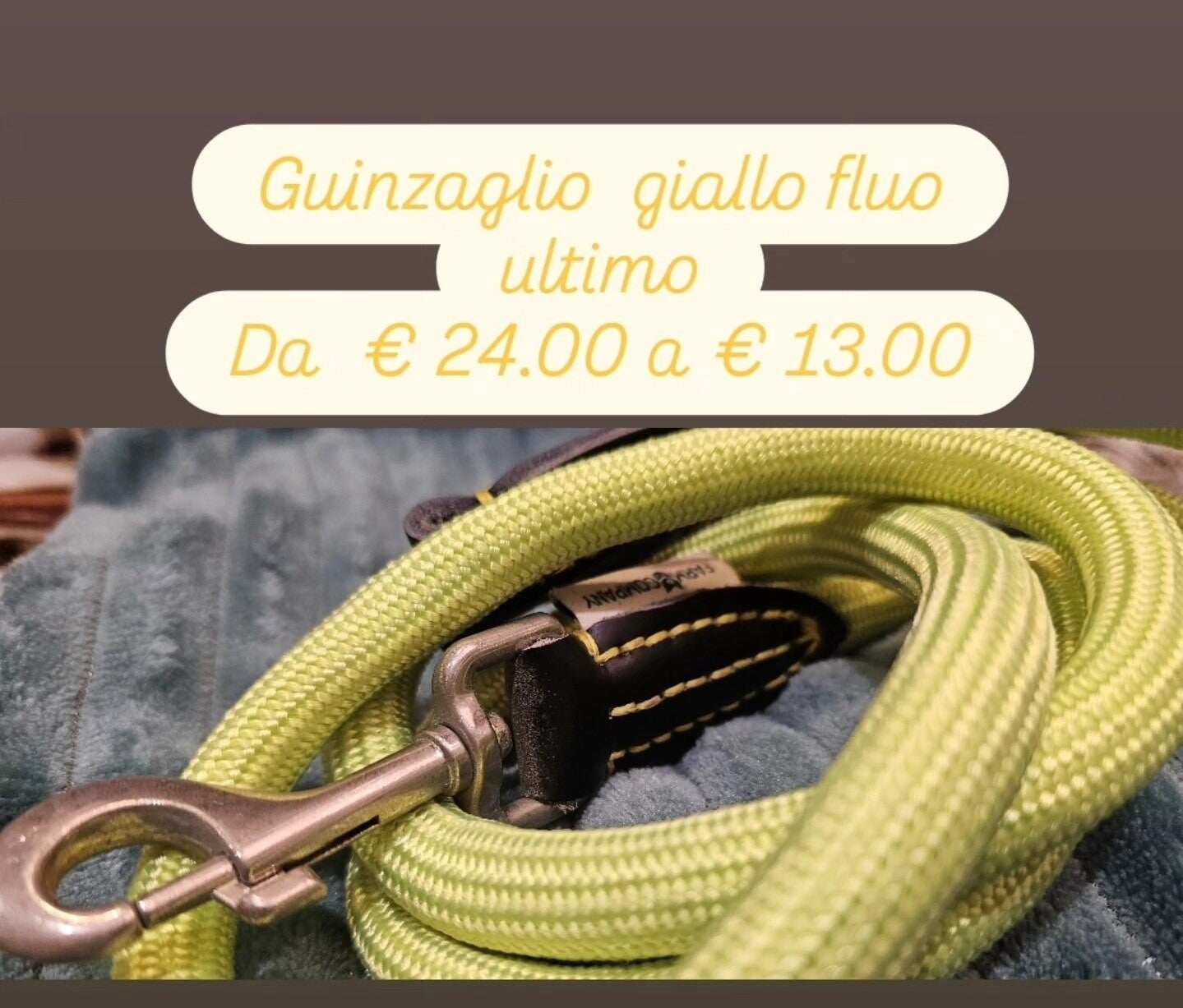 Guinzaglio giallo Fluo con rifiniture in cuoio