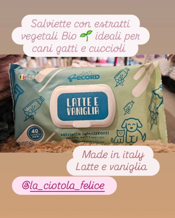 Salviette latte e vaniglia con estratti vegetali bio ideali per cani gatti cuccioli