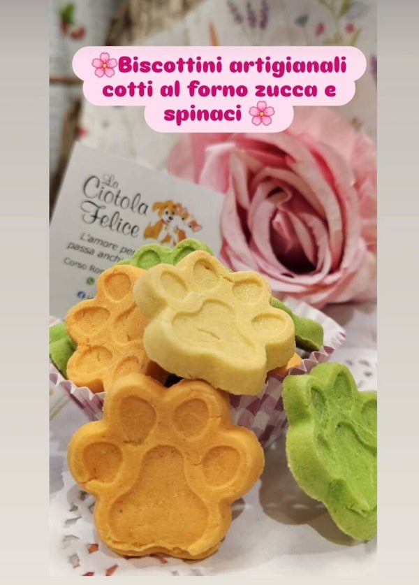 Biscottini vegetali artigianali cotti al forno zucca e spinaci in deliziose confezioni regalo