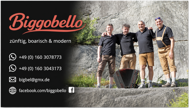 Musik Brautstehlen Visitenkarte der Band Biggobello mit Kontaktdaten  Gruppenfoto