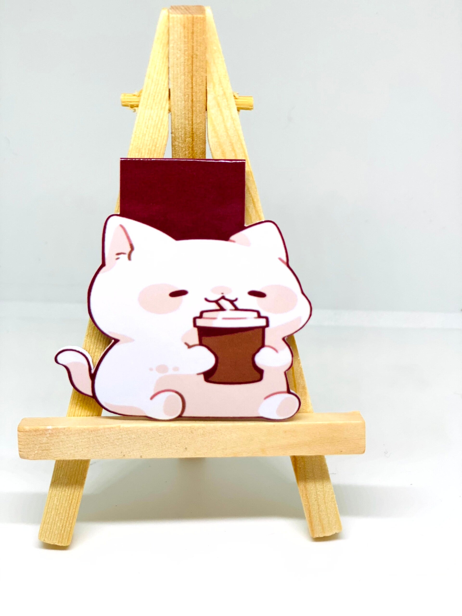 Magnetische Bladwijzer Kat met Koffie – Kawaii Boekenlegger – Handgemaakt – Crafted Creations