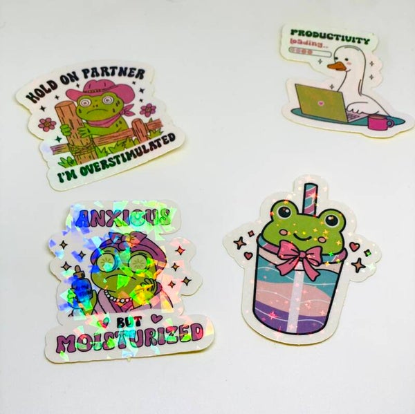 Holografische Funny Frog Sticker Set – 4 stuks