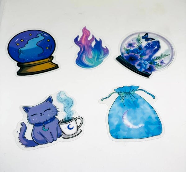 Celestial Magic Sticker Set – 5 Mystical Stickers – Crystal Ball, Moon Cat & Magical Flame – Witchy Sticker Pack