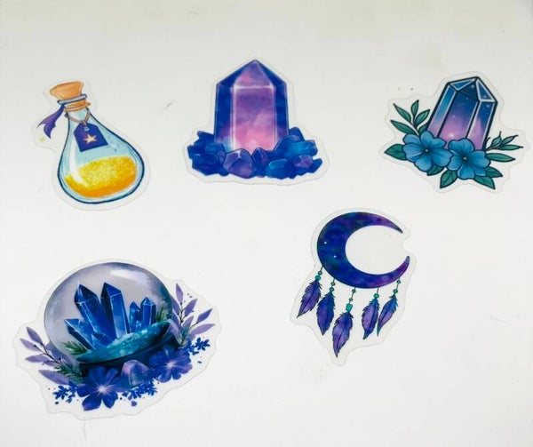 Mystical Crystal Sticker Set – 5 Celestial Stickers – Moon, Crystals & Potion – Witchy Magic Sticker Pack