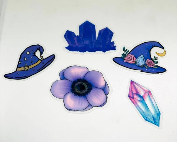Witchy Crystal Sticker Set – 5 Mystical Stickers – Witch Hat, Crystals & Flower – Celestial Magic Stickers