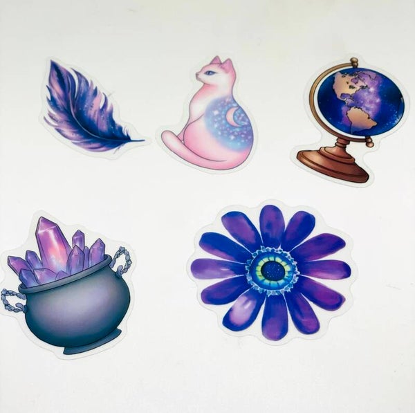 Mystical Celestial Sticker Set – 5 Stickers – Moon Cat, Crystals & Galaxy – Witchy Fantasy Stickers