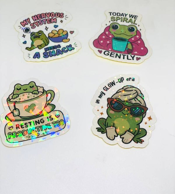 Cozy Frog Holographic Sticker Set – 4 Cute Funny Frog Stickers – Self Care & Cozy Stickers – Kawaii Gift