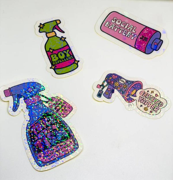 Funny Neurospicy Sticker Set – 4 Holographic Stickers – Social Battery & Chaotic Stickers – Cute Kawaii Stationery