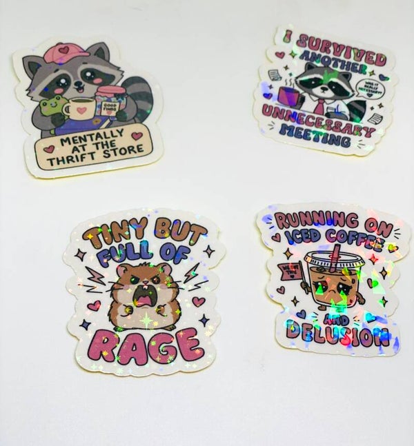 Funny Raccoon Sticker Set – 4 Holographic Stickers – Tired & Coffee Lover Stickers – Funny Kawaii Stationery