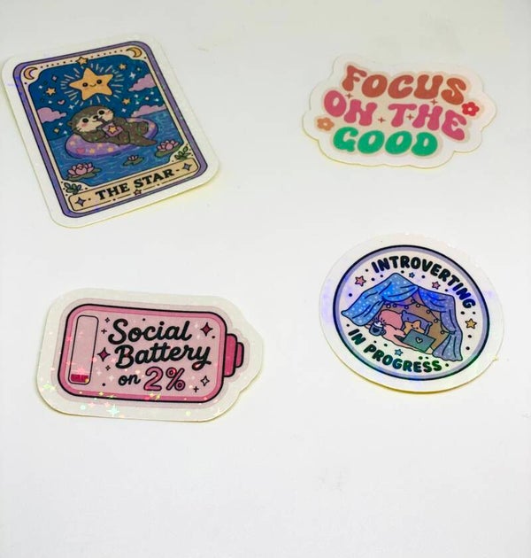 Introvert Sticker Set – 4 Holographic Stickers – Cute Self Care Stickers – Cozy Kawaii Stationery – Introvert Gift