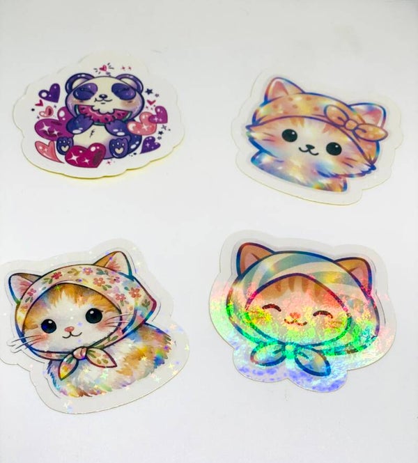 Kawaii Cat Sticker Set – 4 Holographic Cat Stickers – Cute Kitty Stickers – Kawaii Stationery – Cat Lover Gift