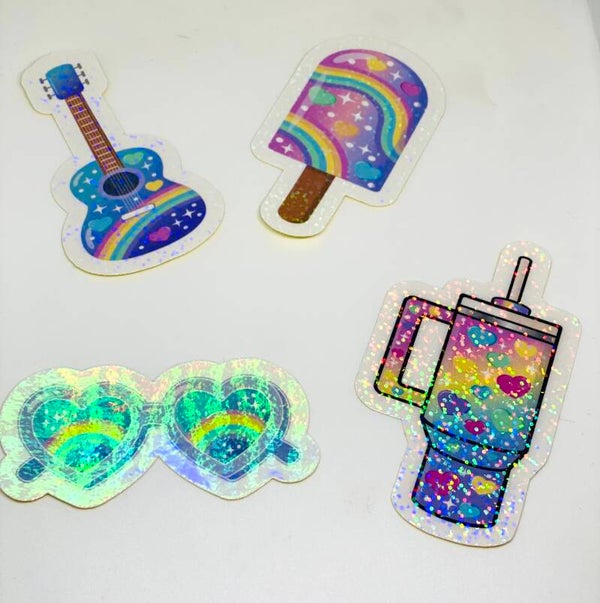 Kawaii Rainbow Sticker Set – 4 Holographic Stickers – Cute Guitar, Popsicle & Drink Stickers – Colorful Kawaii Stationery