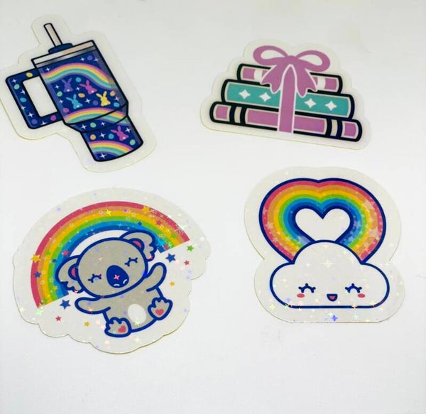 Kawaii Rainbow Sticker Set – 4 Holographic Stickers – Cute Bear, Books & Rainbow Stickers – Kawaii Stationery