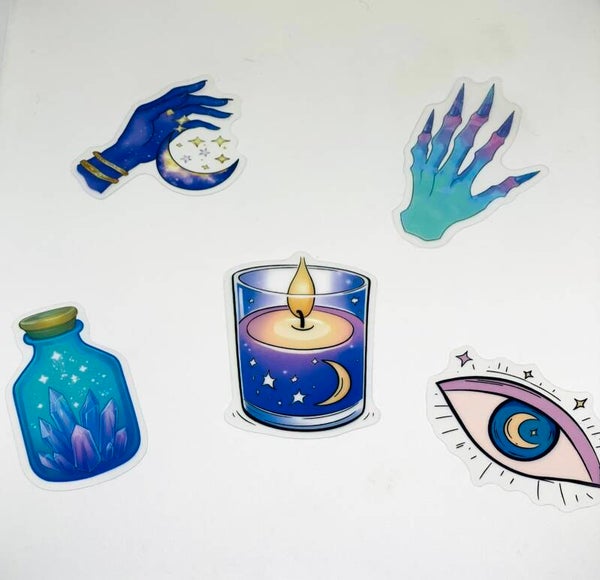 Mystical Witchy Sticker Set – 5 Celestial Stickers – Moon, Crystal & Candle Stickers – Magical Bookish Stickers