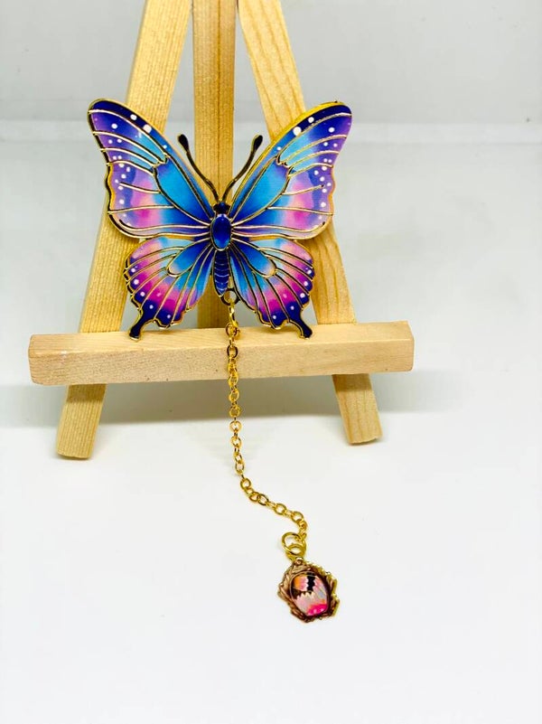Blauwe Vlinder Bladwijzer  Goudkleurige Metalen Boekenlegger met Hanger
