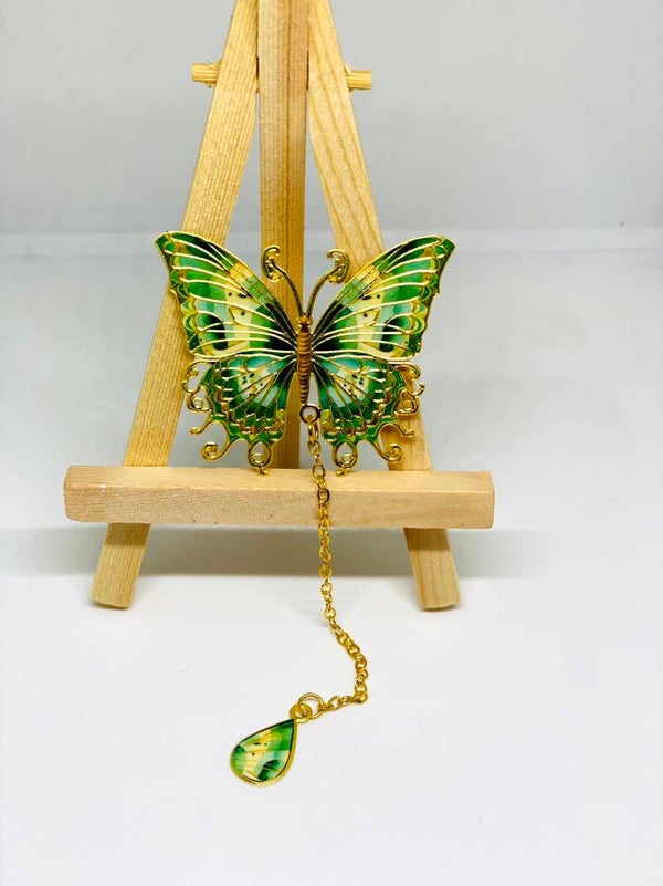 Groene Vlinder Bladwijzer  Goudkleurige Metalen Boekenlegger met Hanger