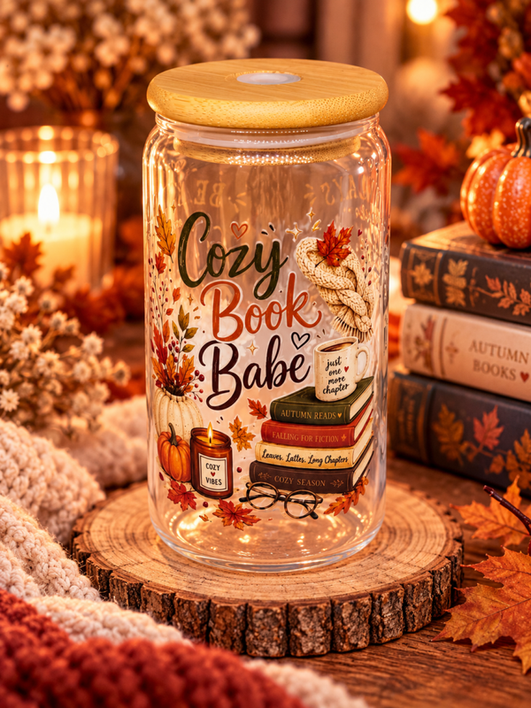 Bookish Drinkglas met Bamboe Deksel – Cozy Book Babe