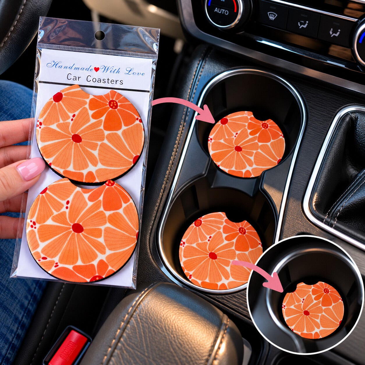 Auto Onderzetters met Aardbeienprint – Set van 2 – Schattige Car Coasters met Bloemen