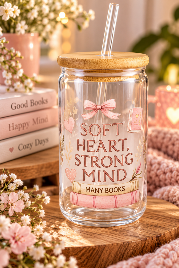 Bookish Drinkglas met Rietje – Soft Heart Strong Mind Many Books