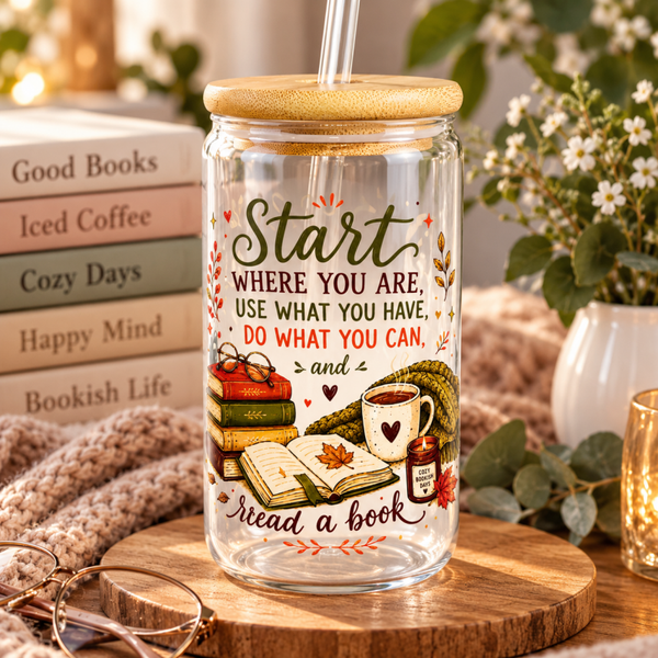 Bookish Drinkglas met Rietje – Start Where You Are, Read a Book