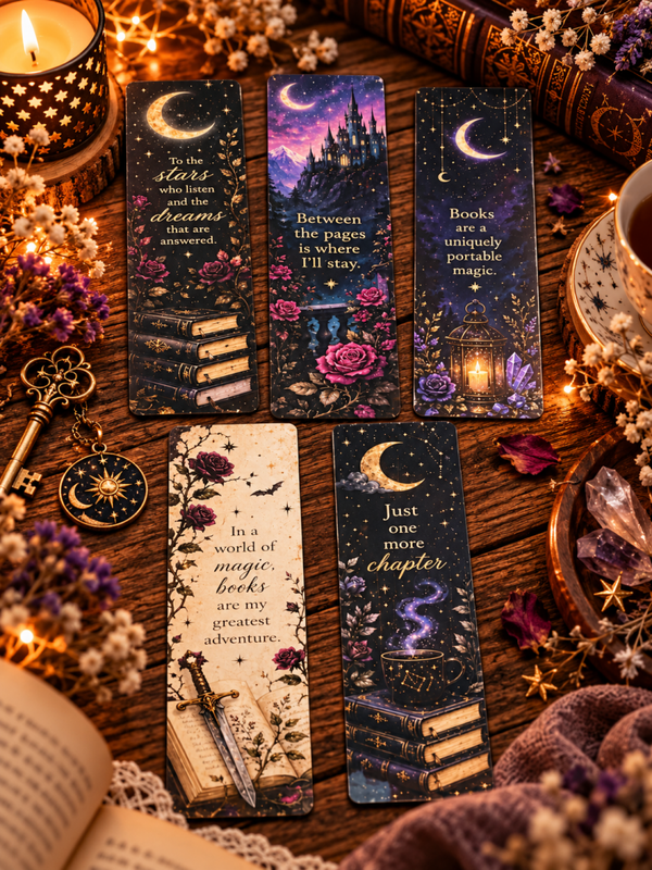 Starlit Bookish Magic 🌙✨ – Set van 5 Fantasy Bladwijzers