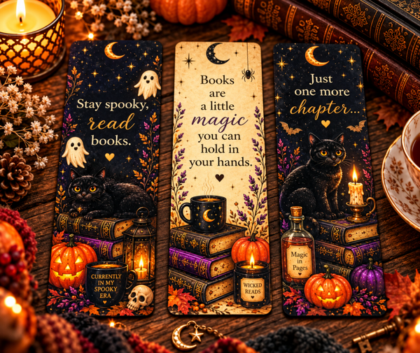 Spooky Little Bookworms – Set van 3 Halloween Bladwijzers | Zwarte Katjes, Spookjes & Boeken 🎃🐈‍⬛