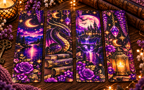 Moonlight Dragon Fantasy 🌙🐉 – Set van 4 Paarse Fantasy Bladwijzers