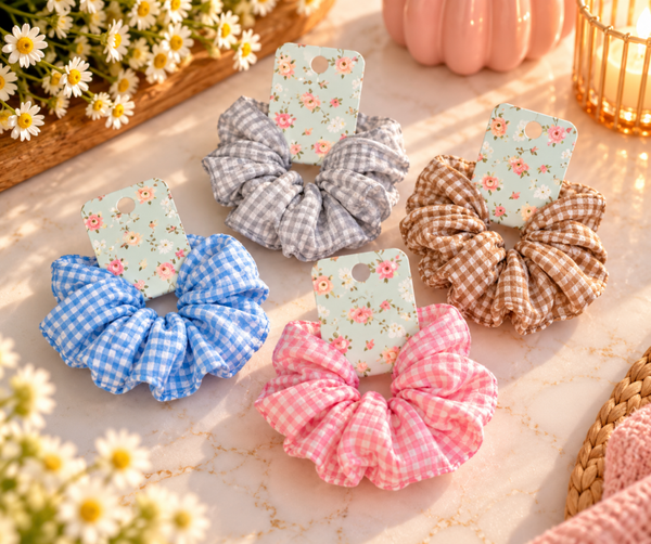 Handgemaakte Scrunchies – Set van 4 – Haaraccessoires met Ruitjespatroon – Roze, Blauw, Grijs & Bruin – Zachte Haarelastiekjes