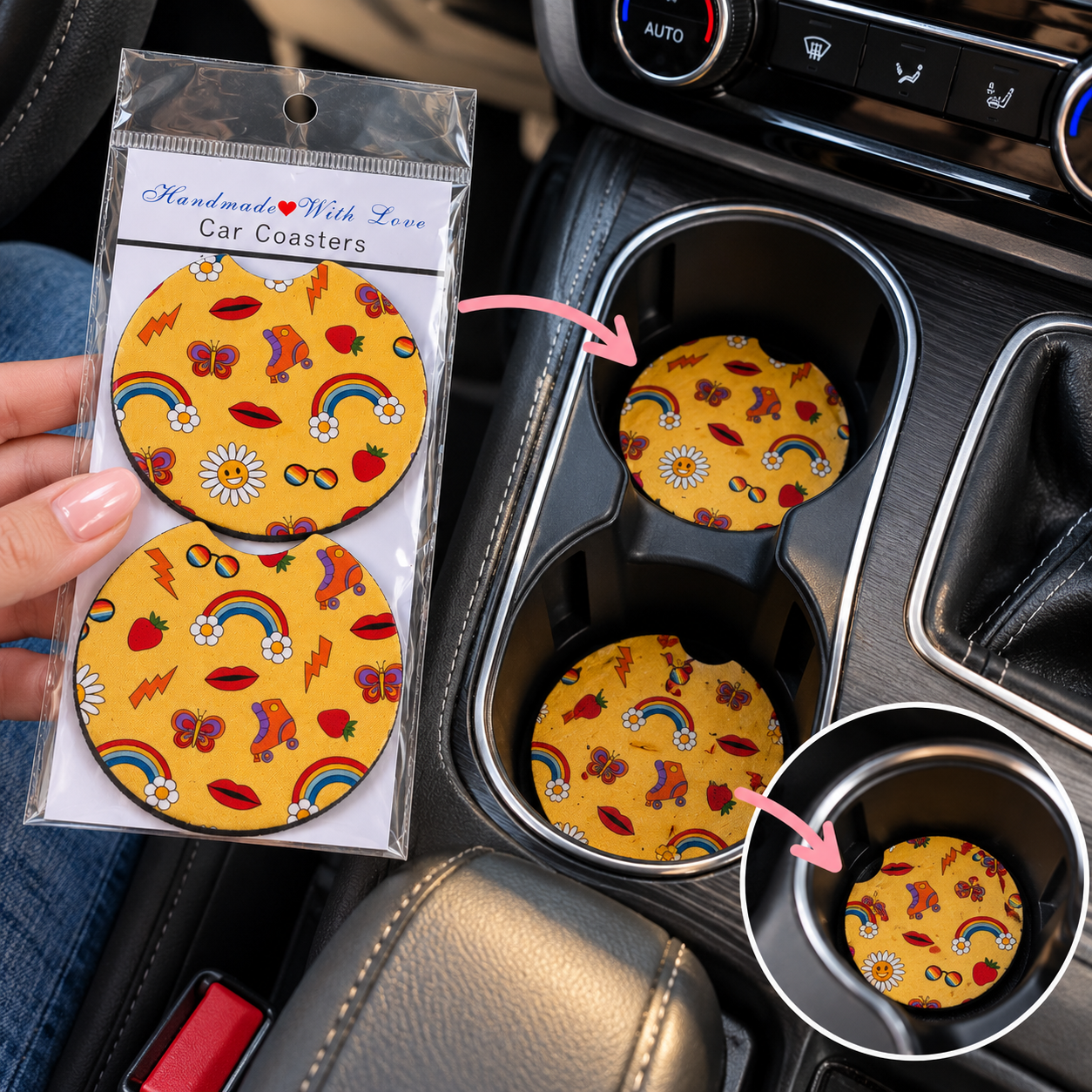 Handgemaakte Auto Onderzetters – Set van 2 – Gele Retro Print met Regenbogen, Bloemen & Aardbeien