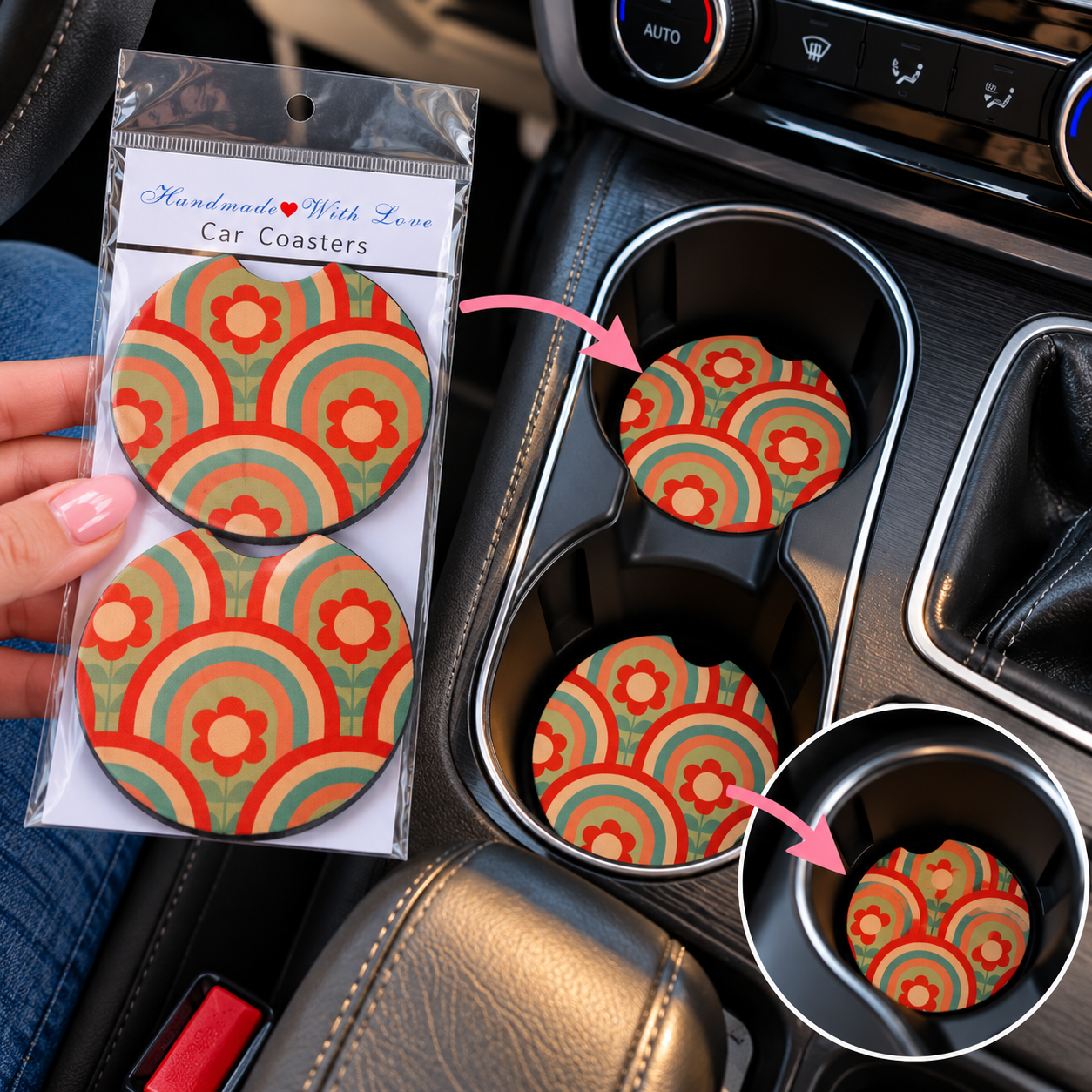 Handgemaakte Auto Onderzetters – Set van 2 – Retro Regenboog & Bloemenprint – Jaren 70 Vintage Car Coasters