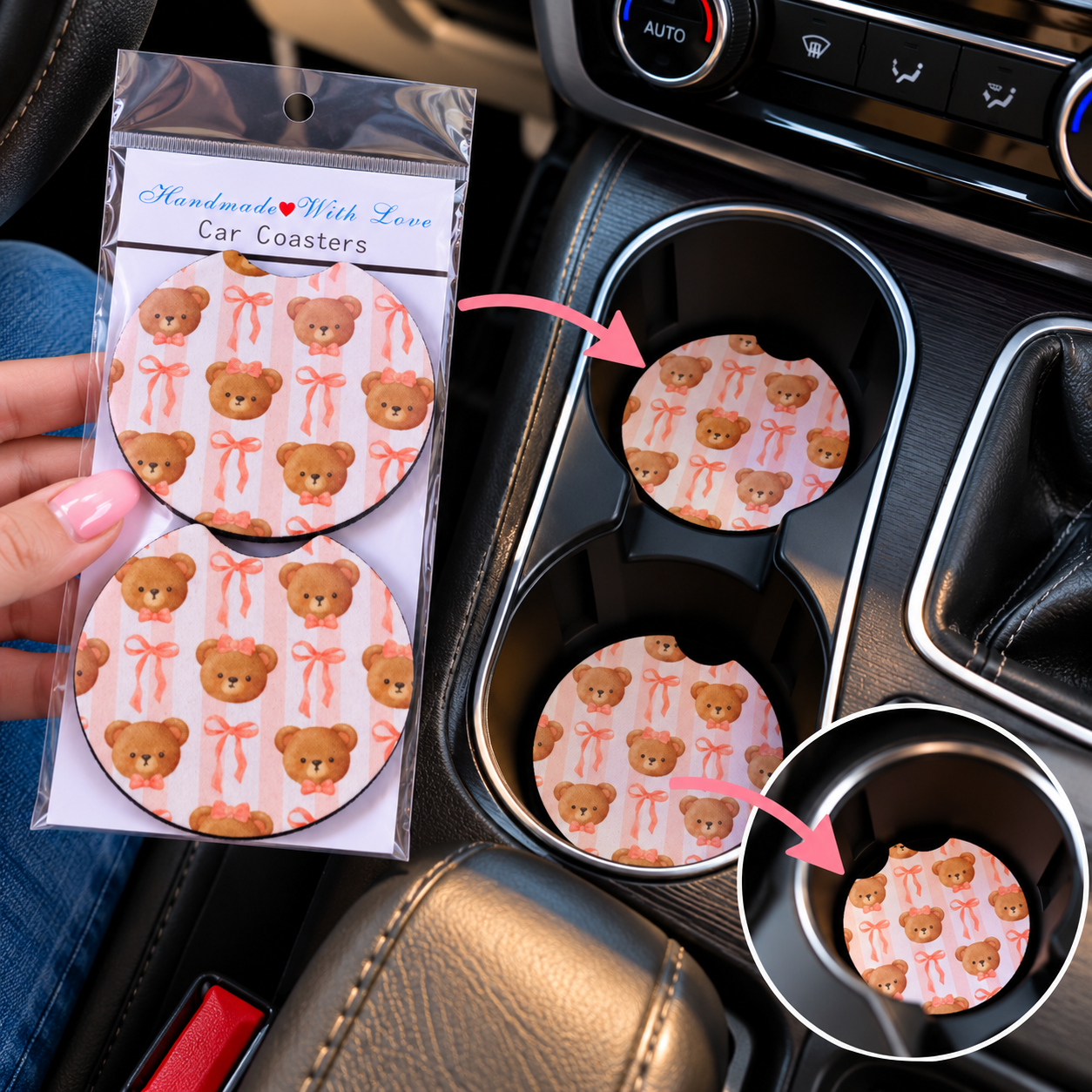 Handgemaakte Auto Onderzetters – Set van 2 – Teddybeer Print met Roze Strikjes – Car Coasters voor Bekerhouder