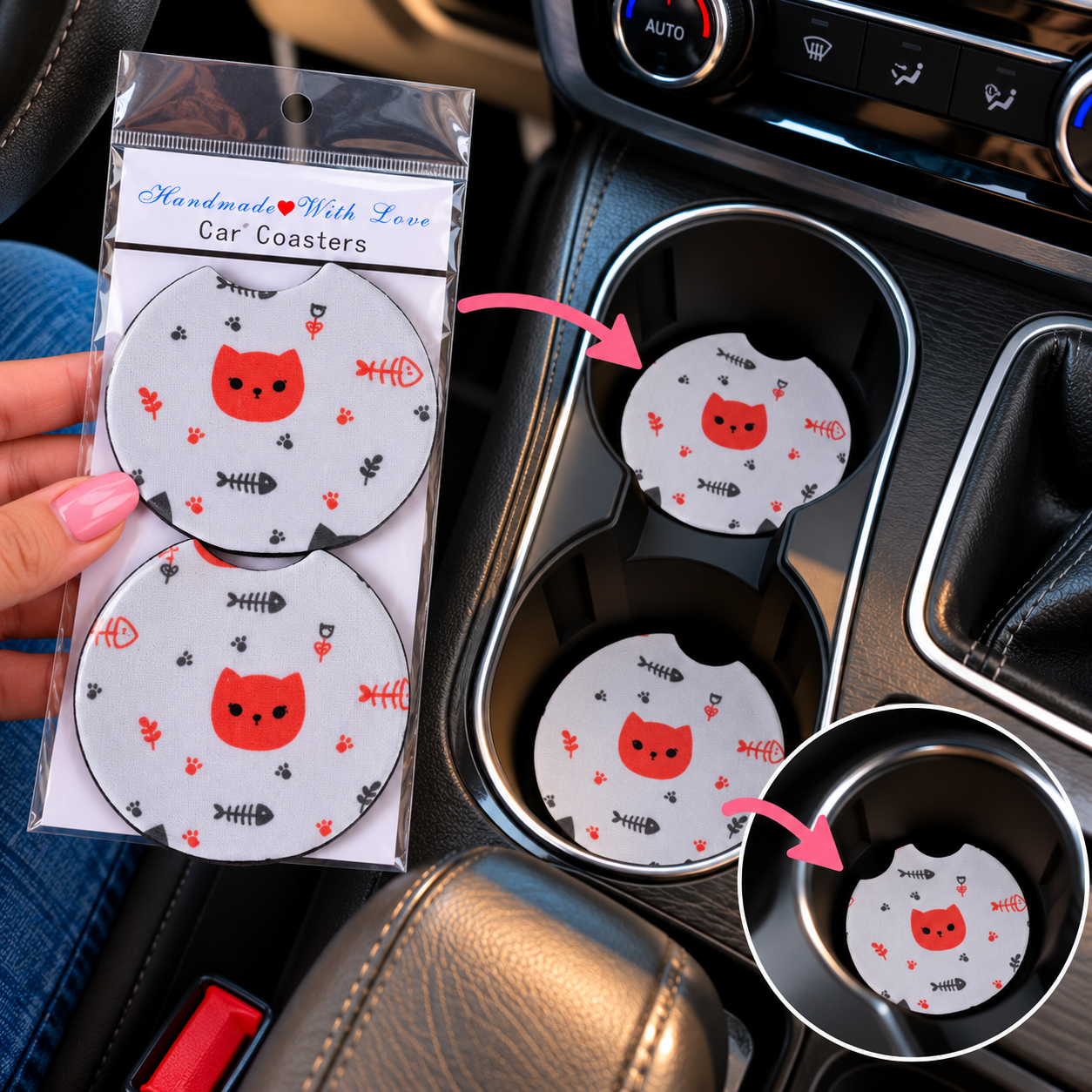 DTF Bedrukte Auto Onderzetters – Car Coasters met Print – Uniek Design – 2 Stuks