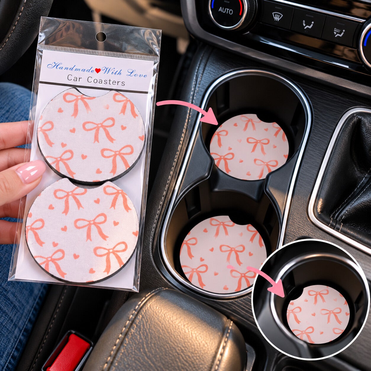 Handgemaakte Auto Onderzetters – Set van 2 – Roze Strikjes & Hartjes – Car Coasters voor Bekerhouder