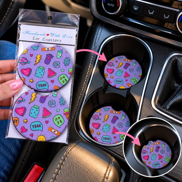 Handgemaakte Auto Onderzetters – Set van 2 – Paarse Car Coasters met Kleurrijke Doodle Print
