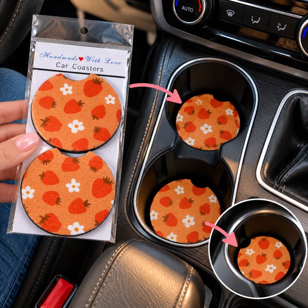 Auto Onderzetters met Aardbeienprint – Set van 2 – Schattige Car Coasters met Bloemen