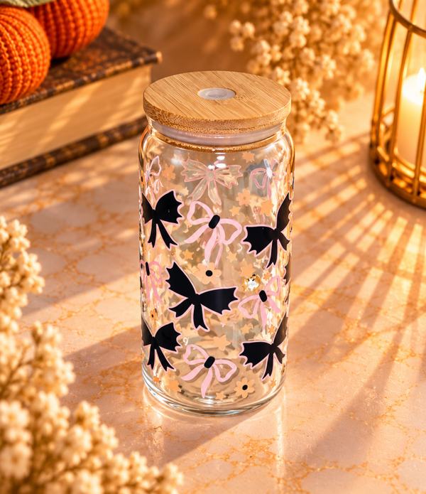 Drinkfles met Rietje – Cute Bow Tumbler – Roze en Zwarte Strikjes