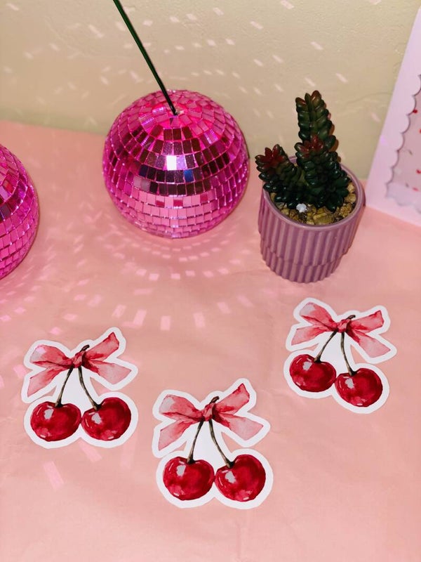 Watercolor Cherry Bow Sticker 🍒🎀💕 (5 cm)