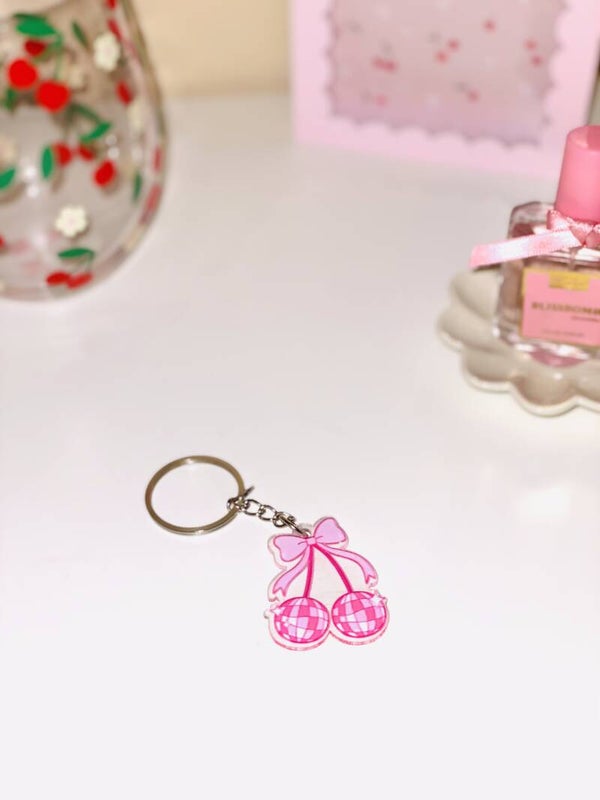 Pink Checkered Cherry Keychain 🍒💖 | Cute Bow Sleutelhanger