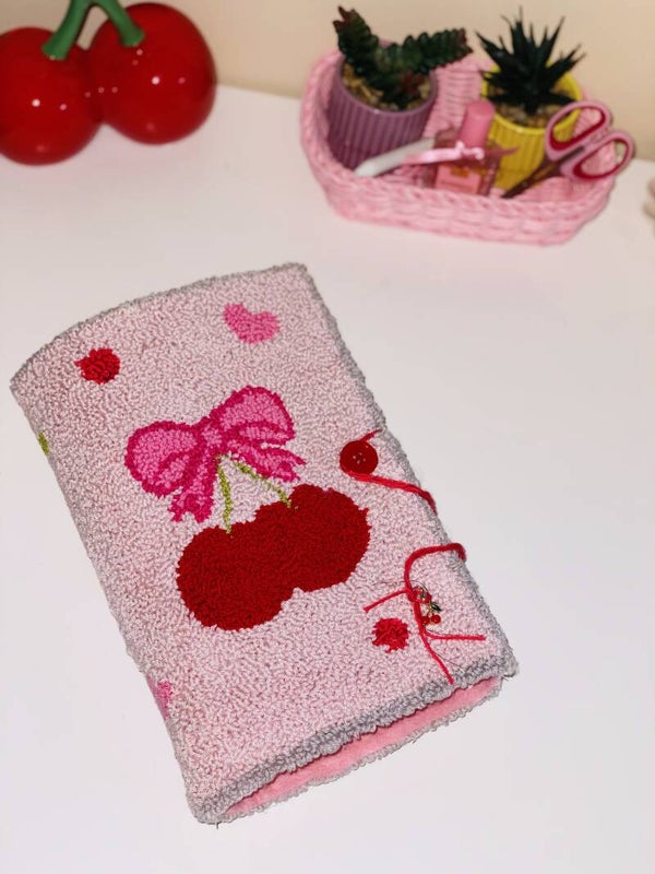 Handmade punch needle book sleeve – Cherry design 🍒✨